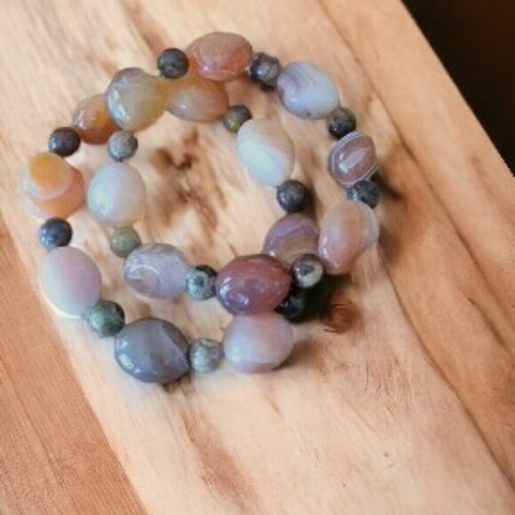 Golden Brown Agate Beaded Stretch Bracelets Set of 2 - Picture 1 of 2